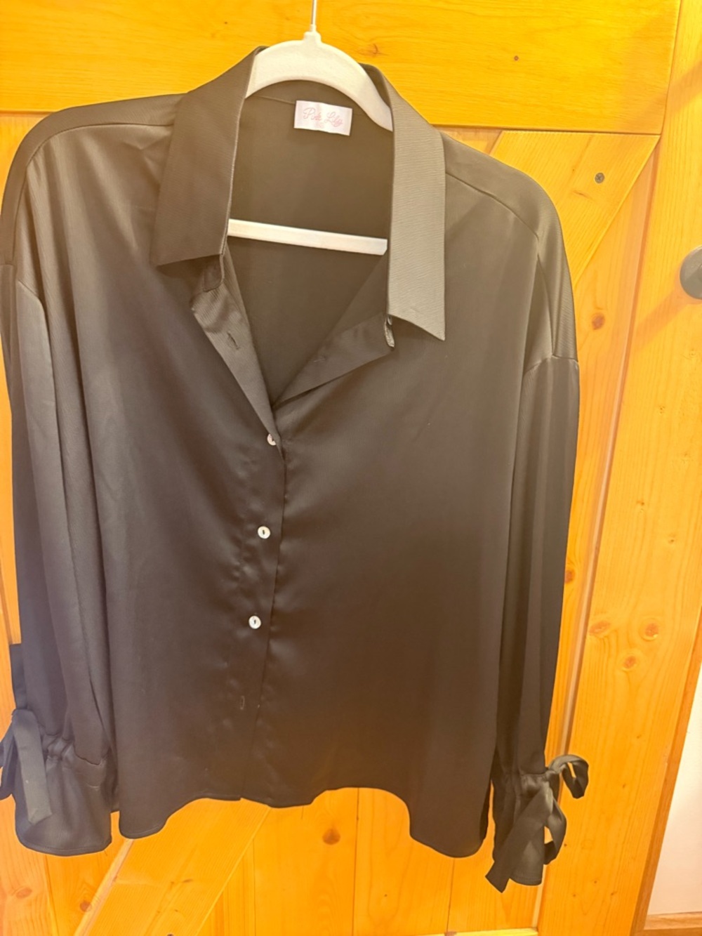 Black Satin Button-Up Shirt with Tie Cuffs